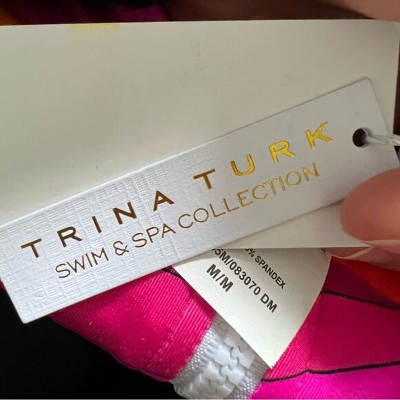 New Trina Turk Bright Pink Orange Wave Stripe Print One Piece Swimsuit sz M - Picture 4 of 6